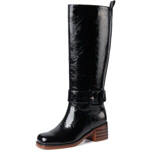 Women's B-black Round Toe Wide Calf Chunky Low Heel Pull Knee High Boots Rubber